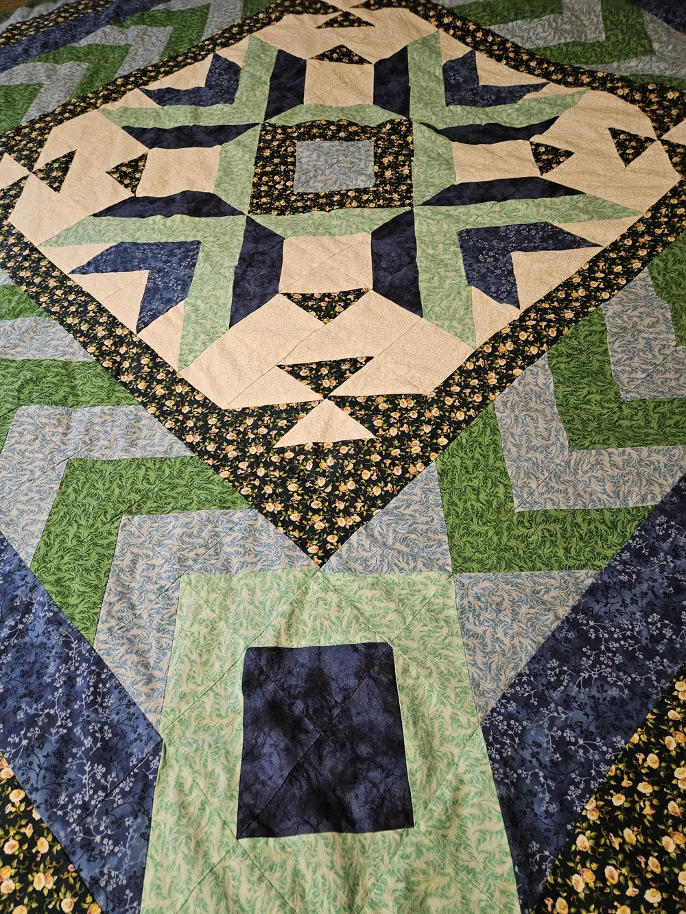 Handmade Quilted Bedspread in Green, Blue and Cream